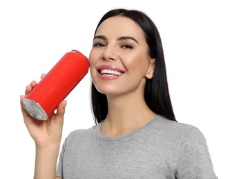 Beautiful happy woman holding red beverage can on white background