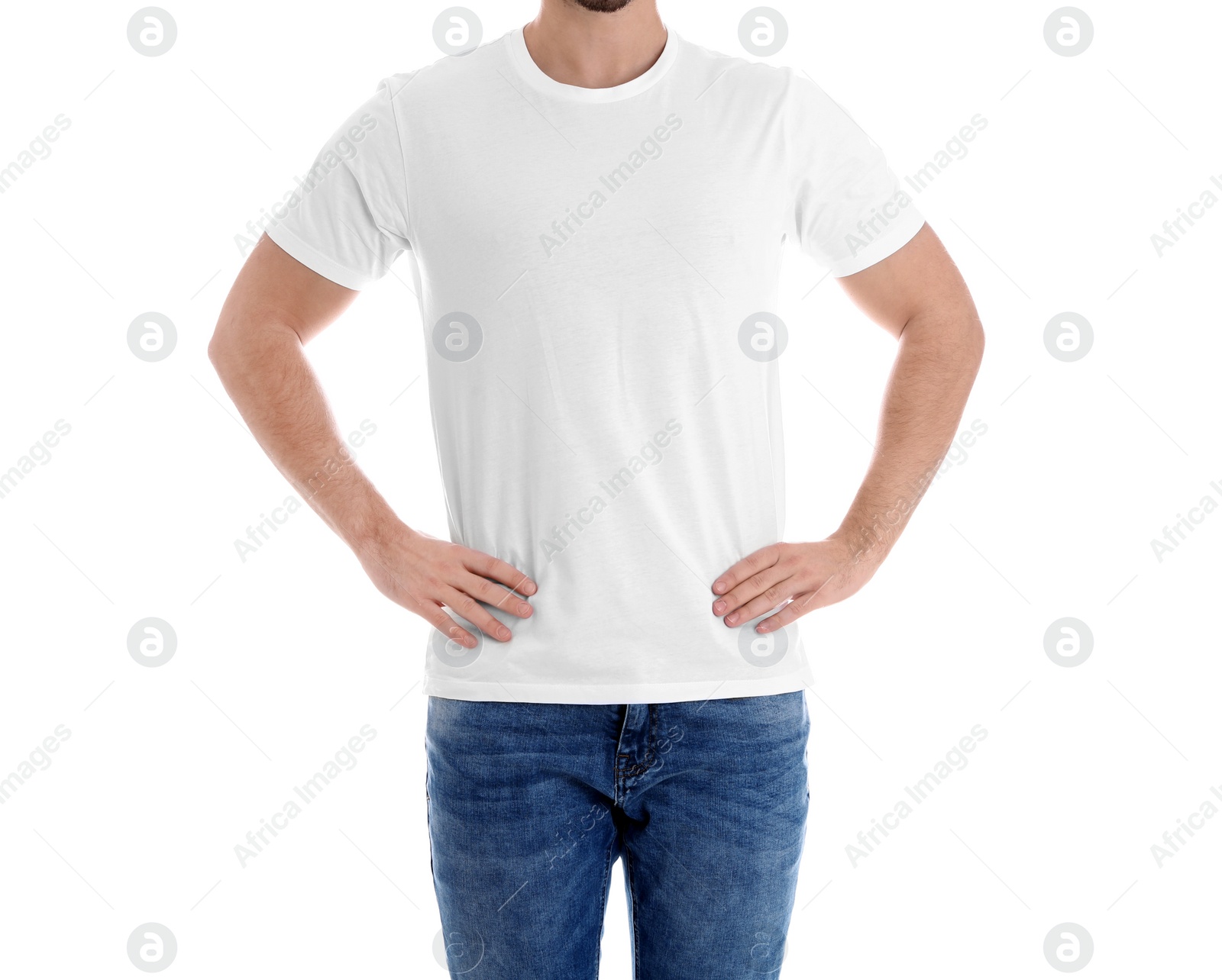 Photo of Young man on white background, closeup. Weight loss