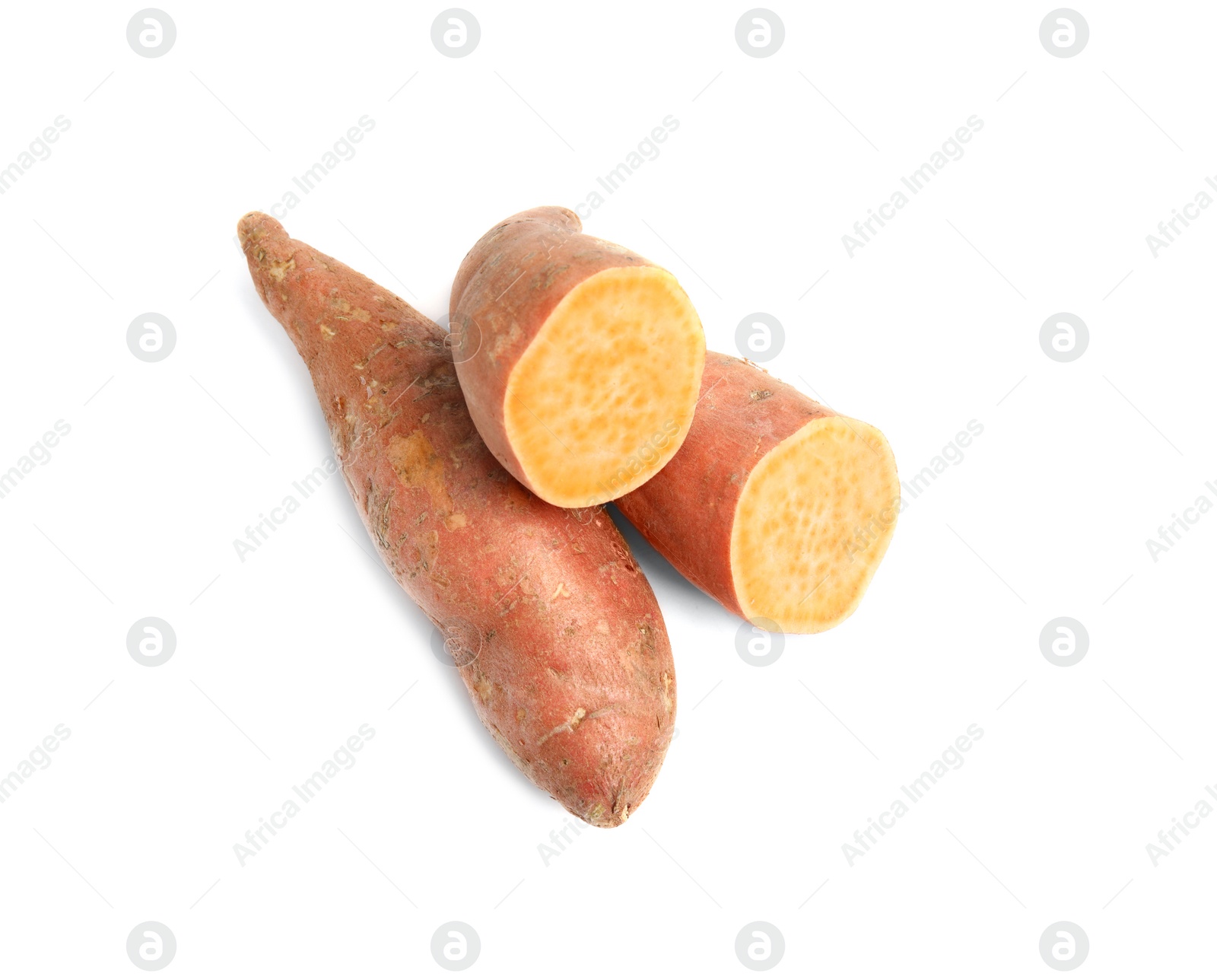 Photo of Fresh ripe sweet potatoes on white background, top view