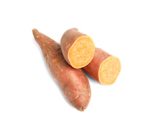 Photo of Fresh ripe sweet potatoes on white background, top view