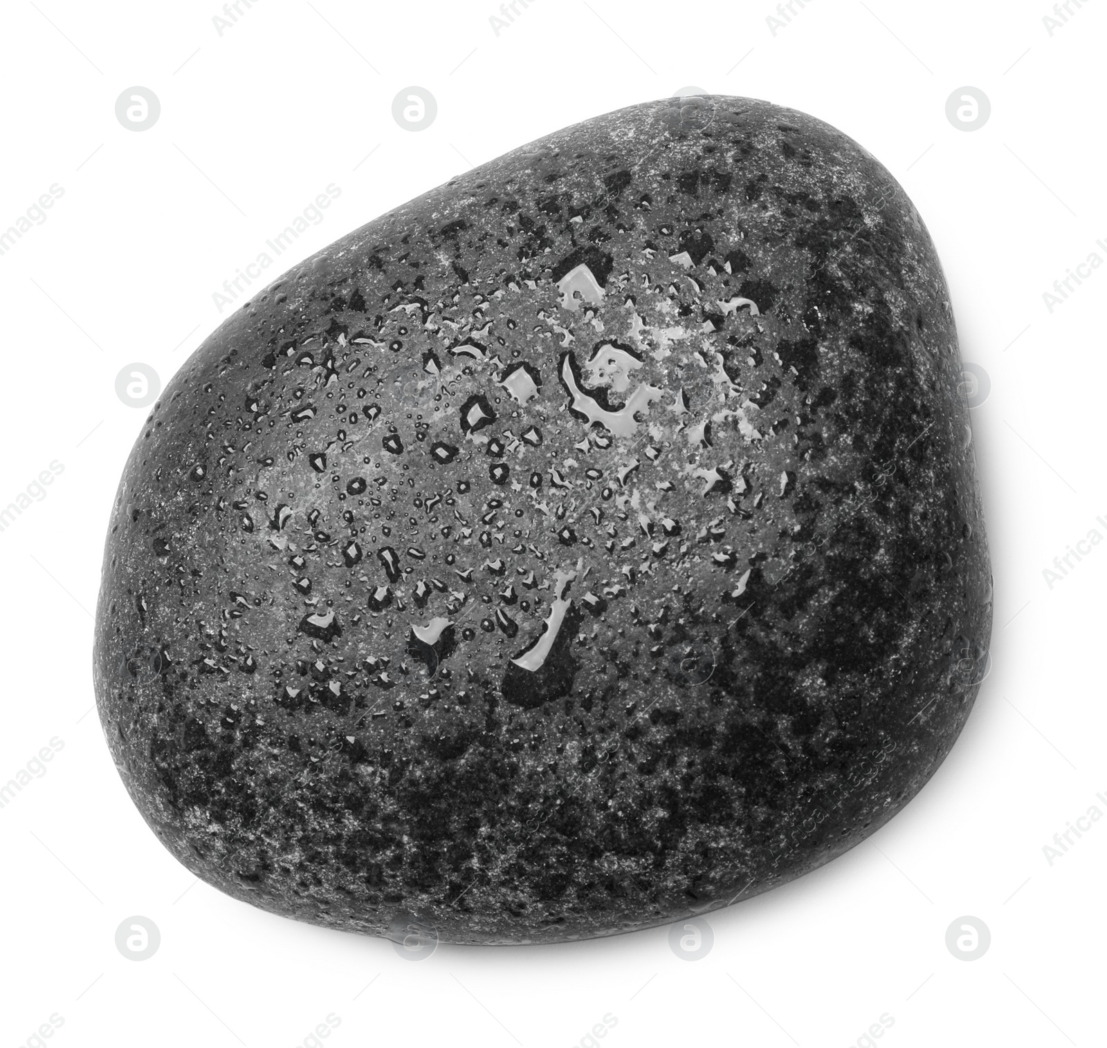 Photo of Wet stone with water drops isolated on white, top view