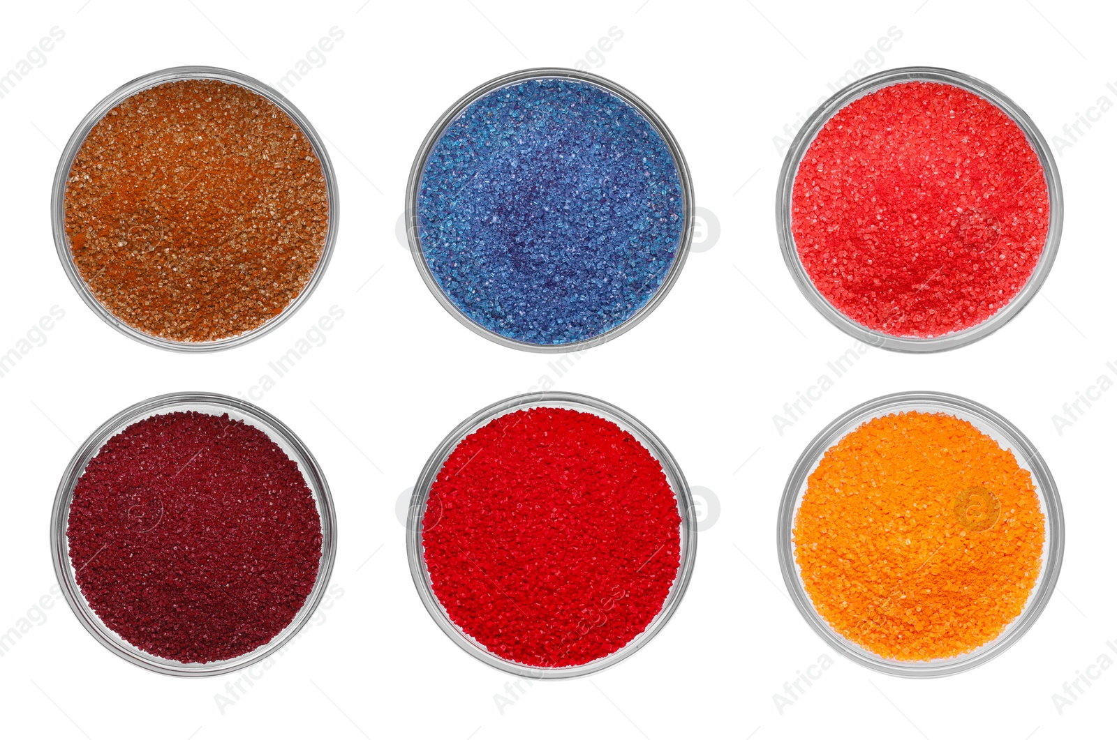 Image of Set of different powdered food coloring in bowls isolated on white, top view