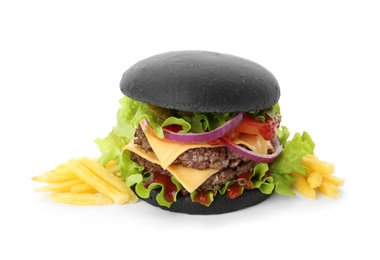 Photo of Tasty black burger with French fries isolated on white