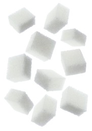 Image of Flying cubes of sugar on white background