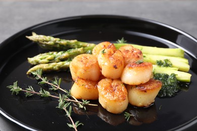 Photo of Delicious fried scallops with asparagus and thyme on plate, closeup