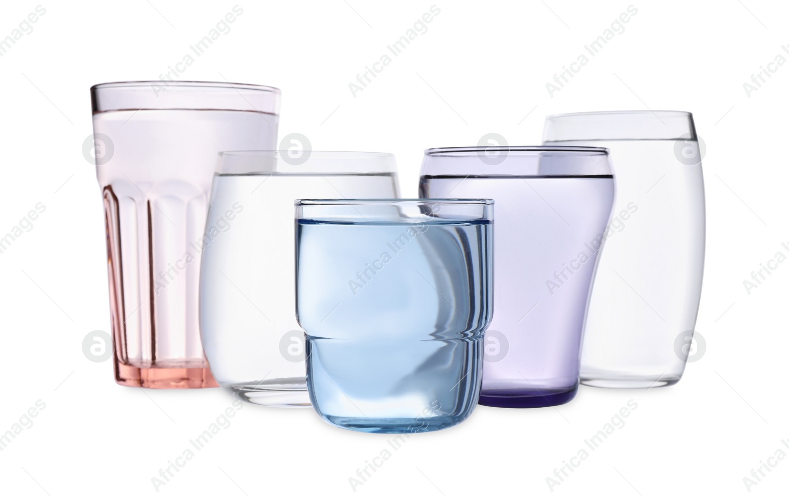 Photo of Different glasses of water on white background