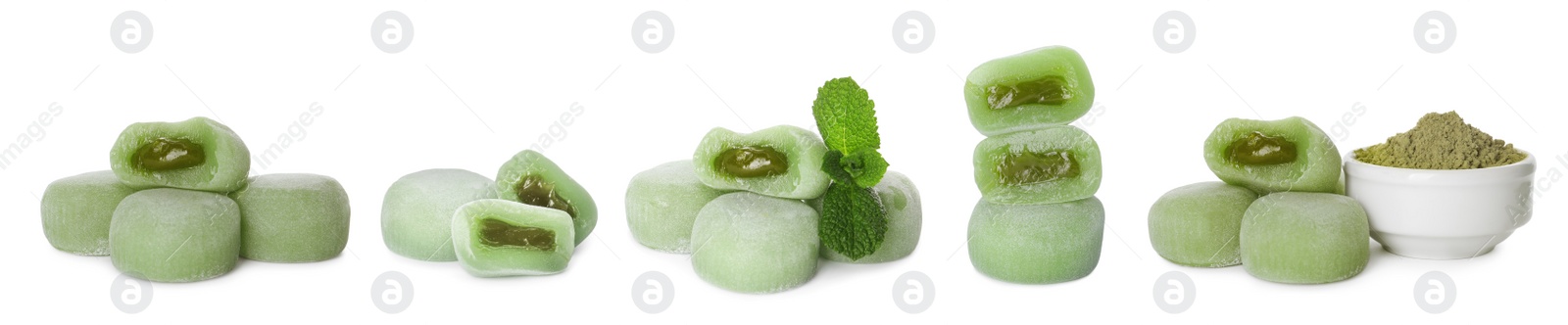 Image of Set with with delicious mochi on white background. Banner design