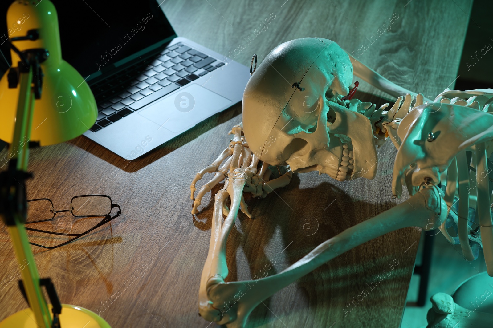 Photo of Waiting concept. Human skeleton sleeping at wooden table with laptop