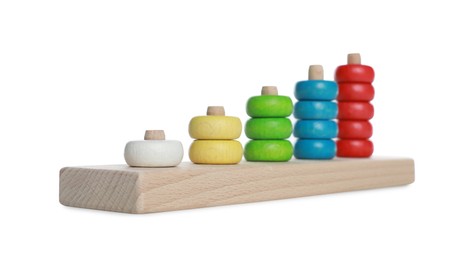 Photo of Stacking and counting game wooden pieces isolated on white. Educational toy for motor skills development