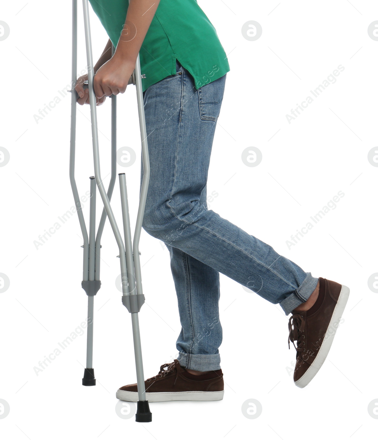 Photo of Man with injured leg using crutches on white background, closeup