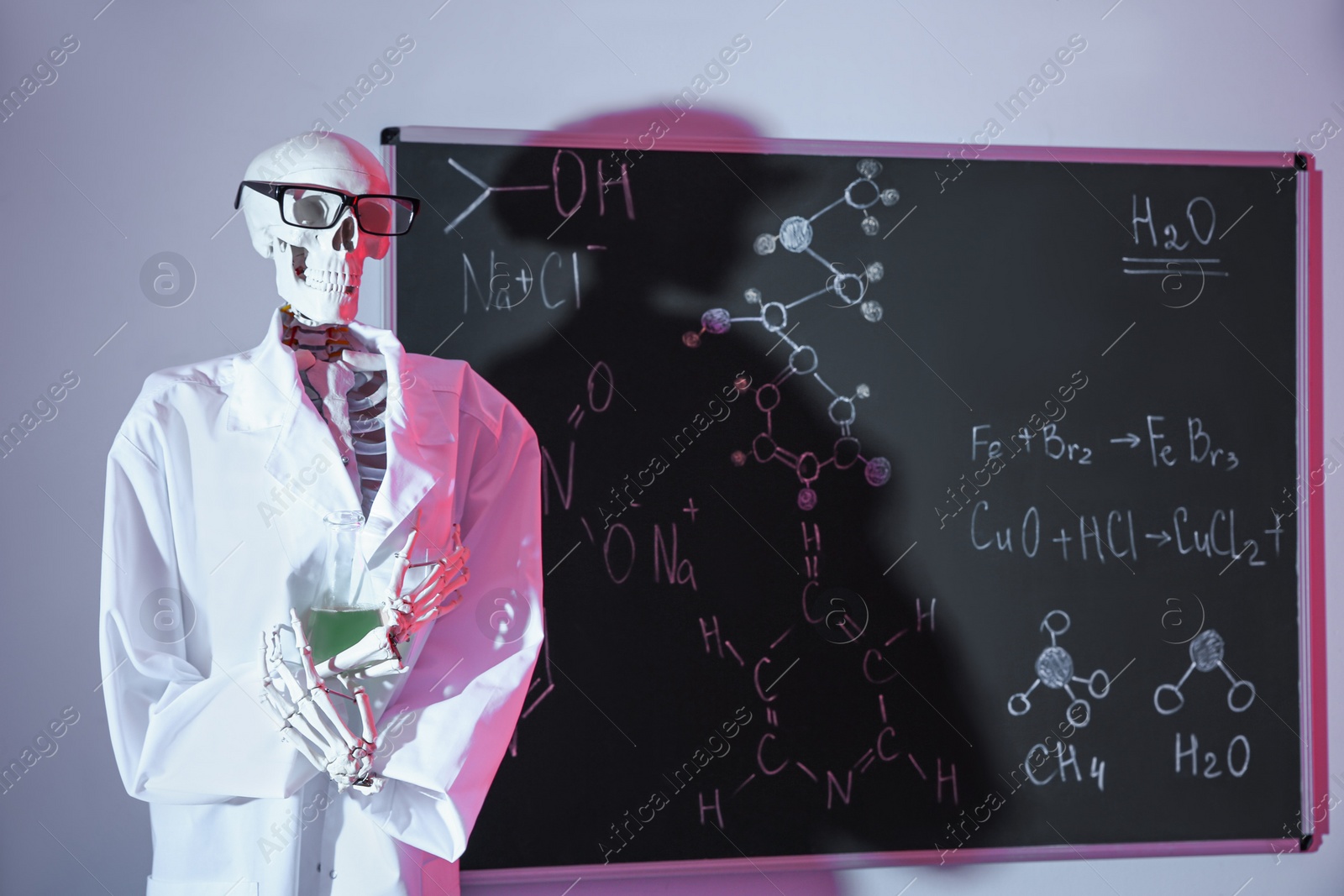 Photo of Human skeleton model with flask in classroom, toned in red