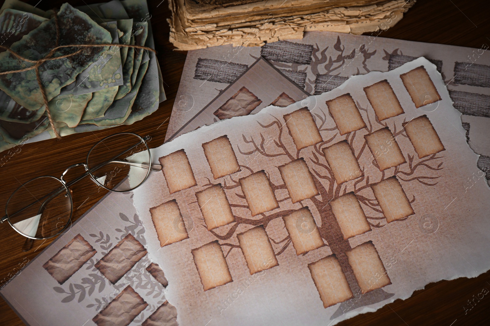 Photo of Papers with family tree templates, photos and glasses on wooden table, flat lay