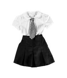Photo of Stylish school uniform for girl on white background, top view