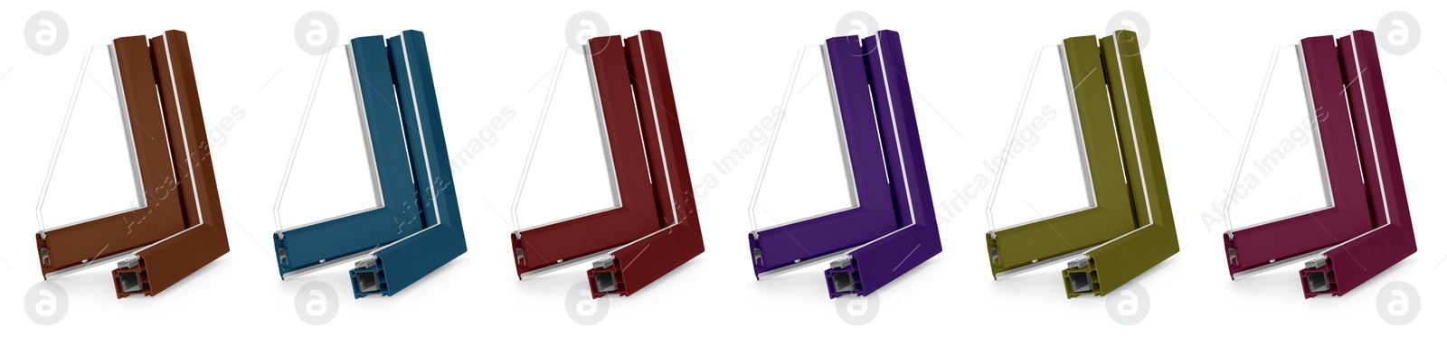 Image of Set with samples of modern window profile in different colors on white background, banner design 