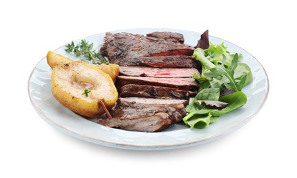Photo of Pieces of delicious roasted beef meat, caramelized pear and greens isolated on white