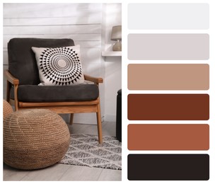 Color palette and photo of stylish comfortable pouf near armchair in room. Collage