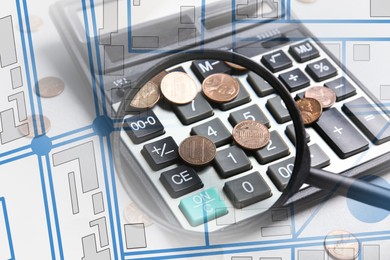 Image of Double exposure of cadastral map, magnifying glass and calculator with coins