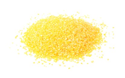 Photo of Pile of raw cornmeal isolated on white