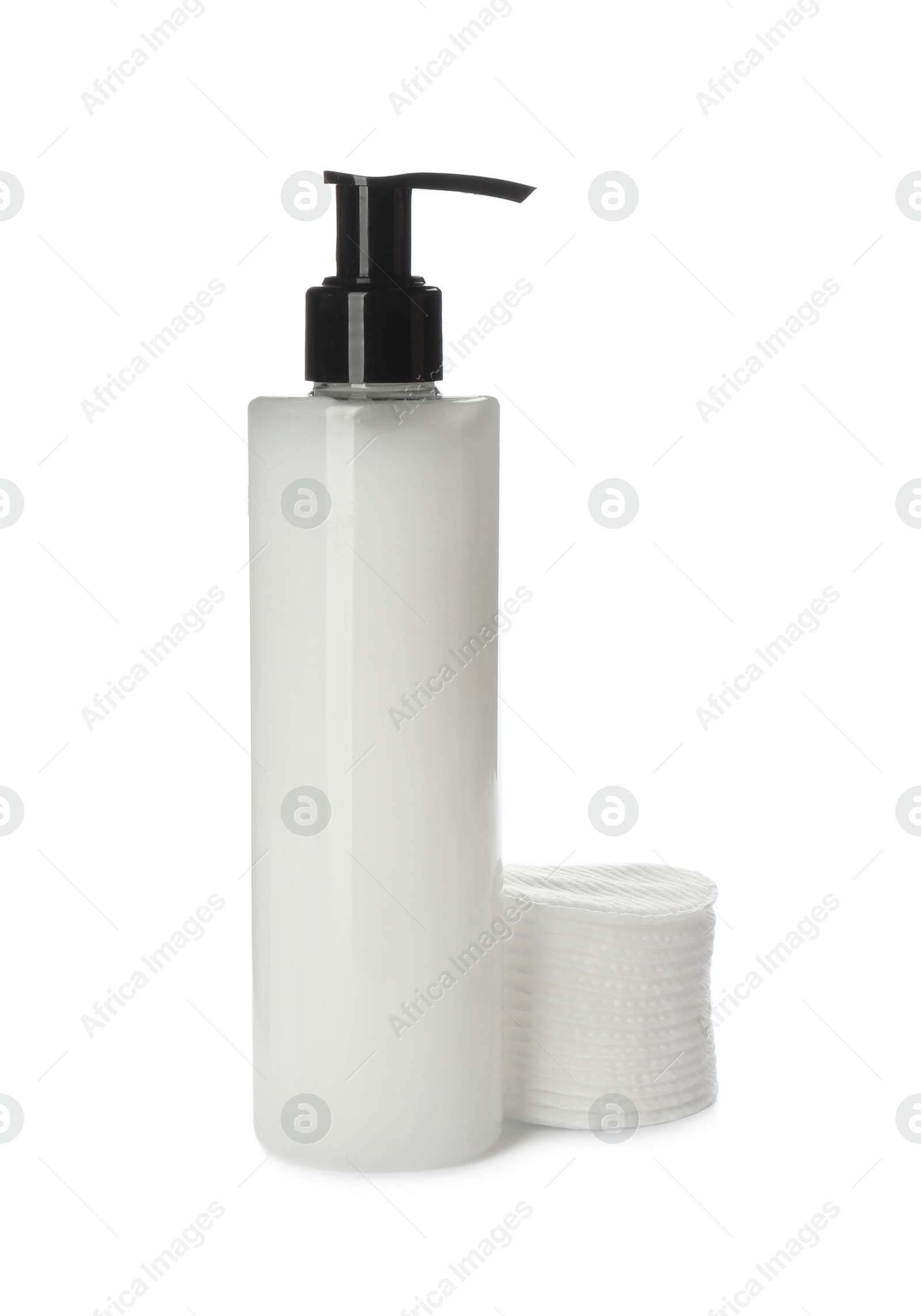 Photo of Cosmetic product and cotton pads for makeup removal on white background