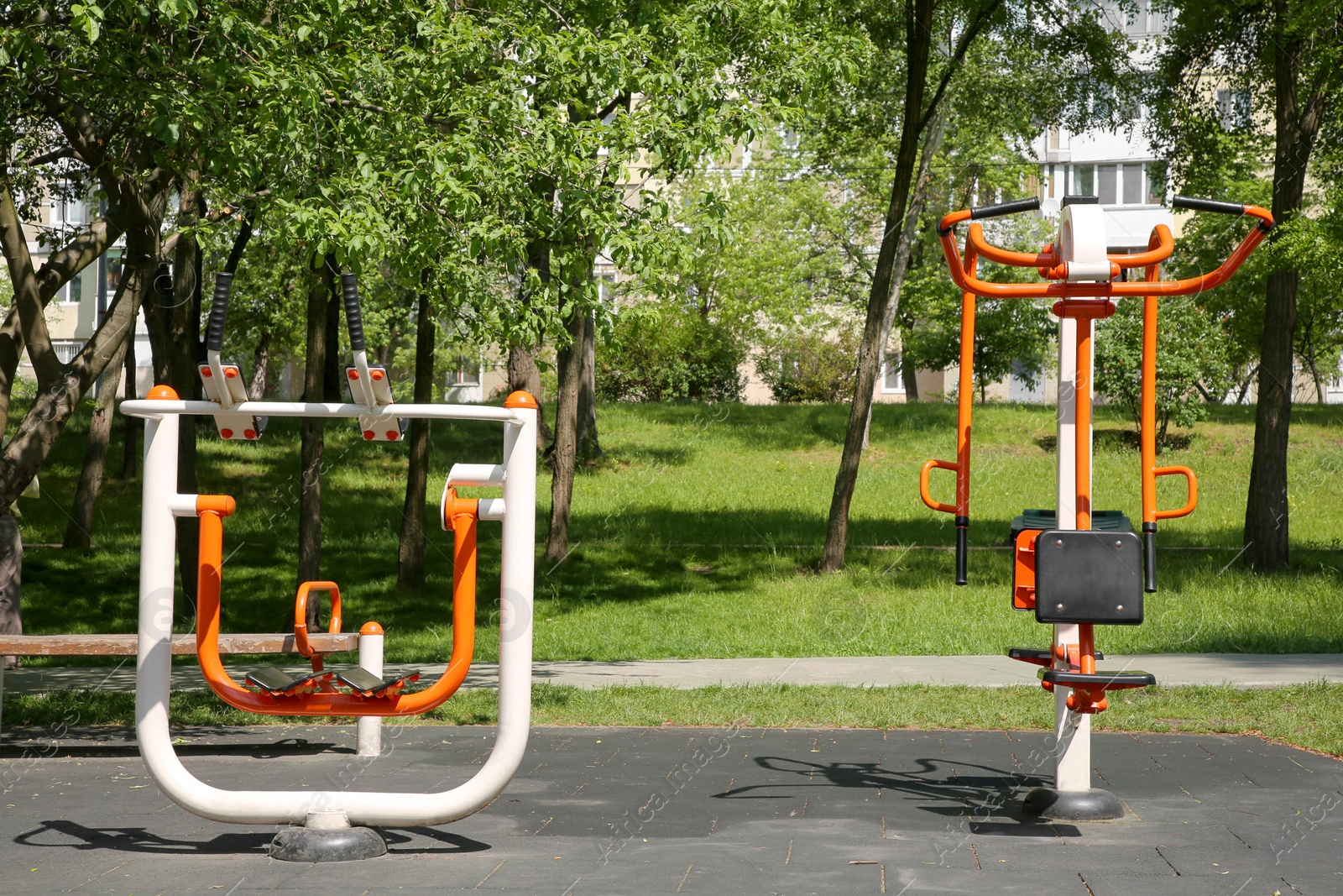 Photo of Empty outdoor gym with exercise machines in park