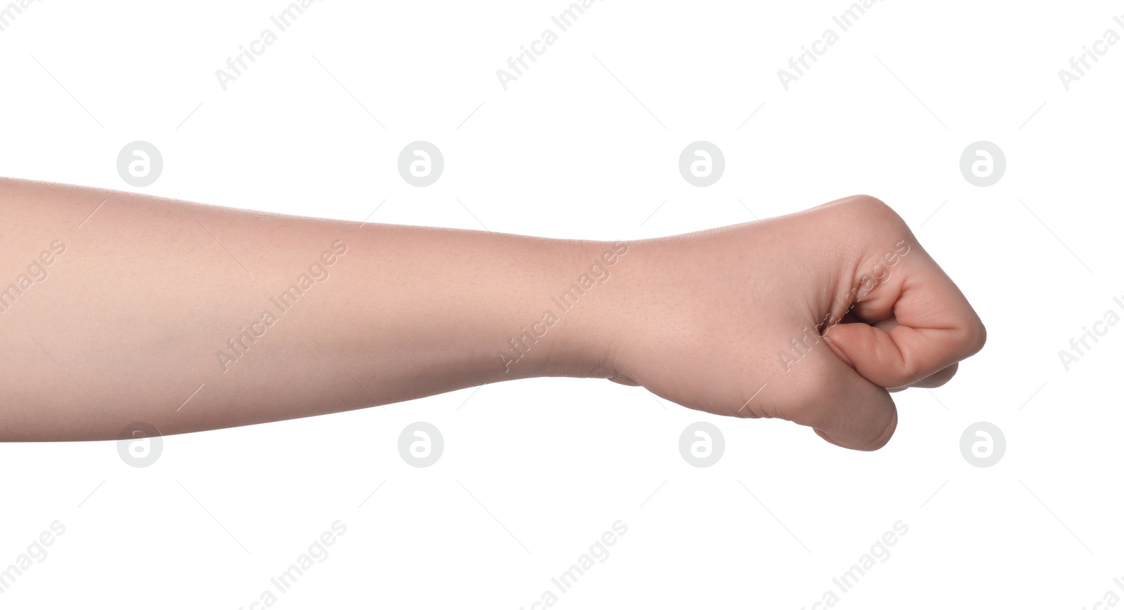 Photo of Playing rock, paper and scissors. Woman showing fist on white background, closeup