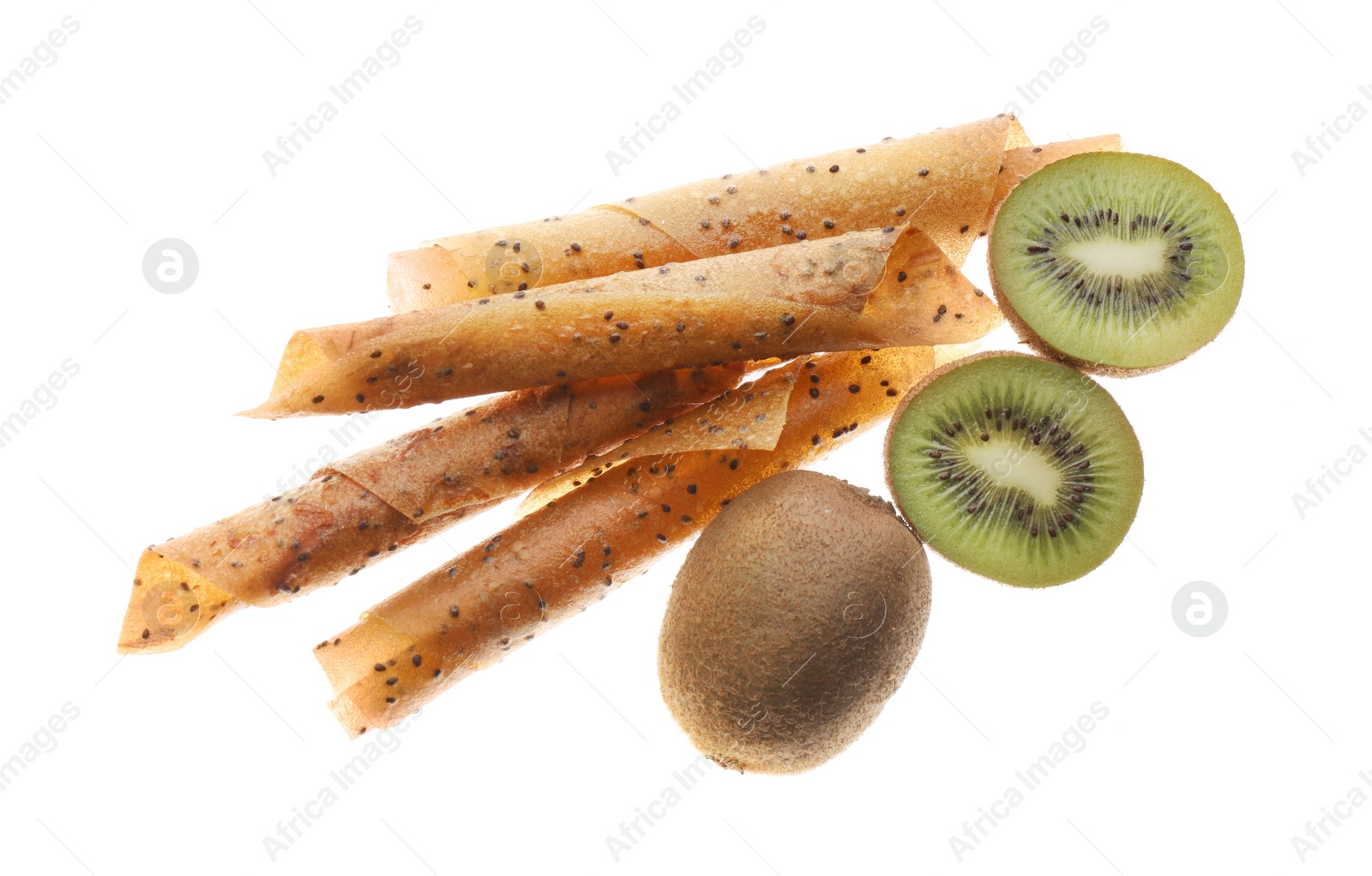 Photo of Delicious fruit leather rolls and kiwis on white background, top view