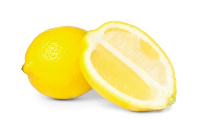 Photo of Fresh ripe juicy lemons on white background