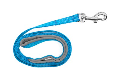 Photo of Light blue dog leash isolated on white, top view