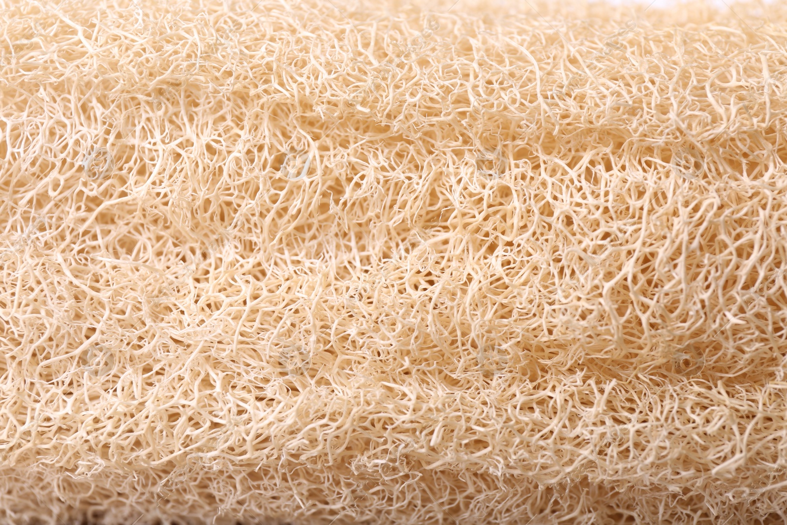 Photo of Loofah sponge as background, closeup. Personal hygiene product