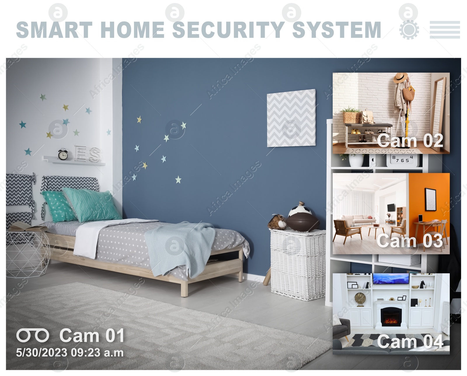 Image of Smart home security system. Different rooms, view from cameras in house