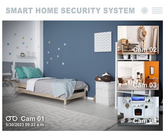 Image of Smart home security system. Different rooms, view from cameras in house