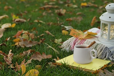 Composition with cup of coffee, book, plaid and autumn leaves on green grass outdoors. Space for text