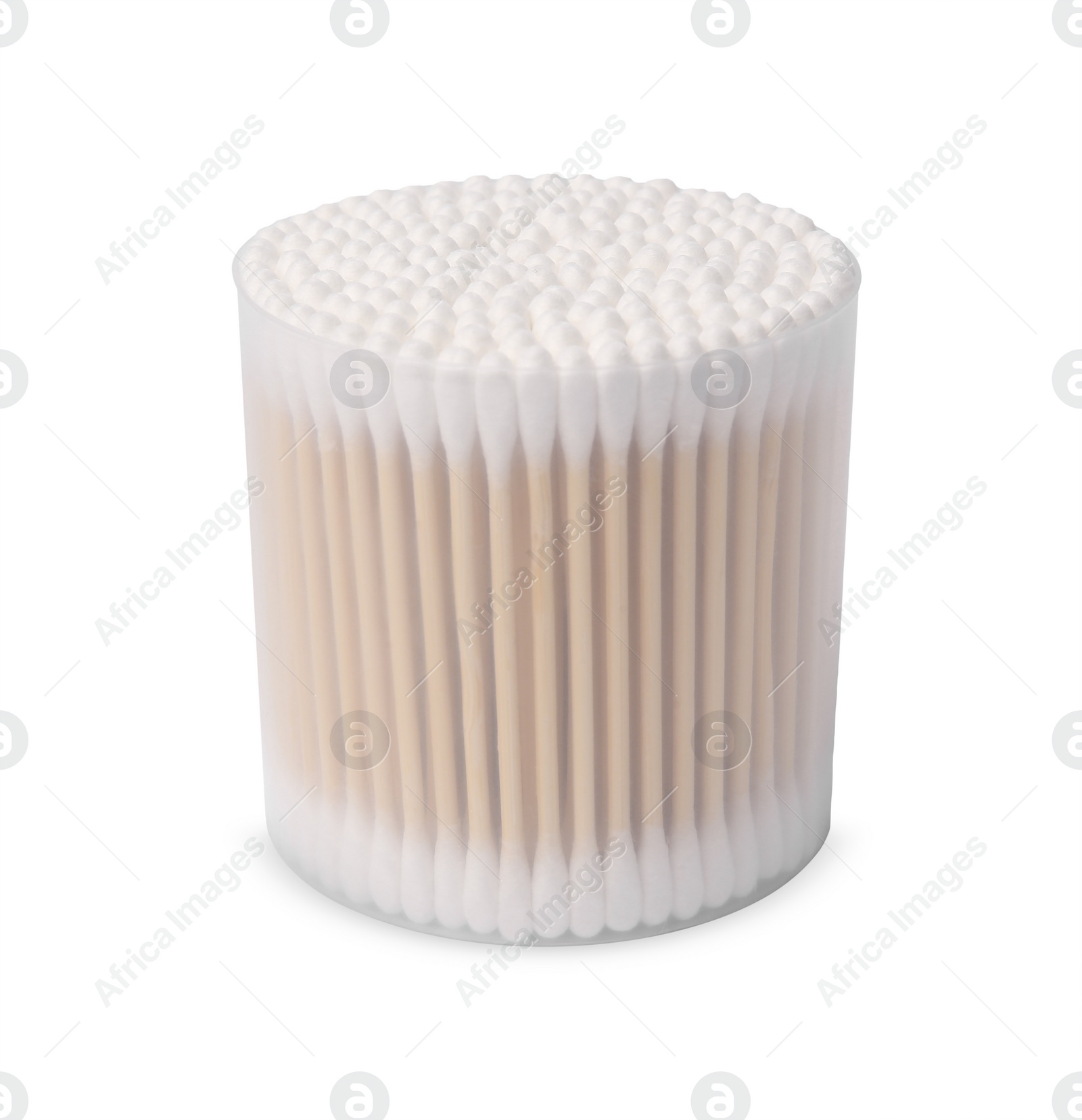 Photo of Cotton buds in plastic container isolated on white