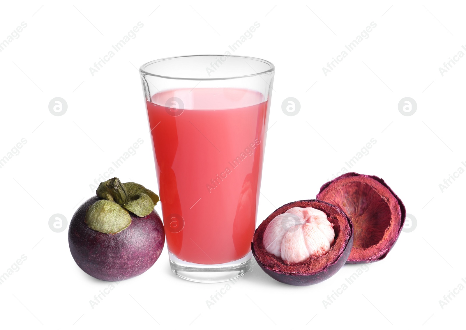 Photo of Delicious mangosteen juice and fresh fruits on white background