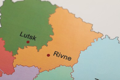 Photo of Rivne region on map of Ukraine, closeup