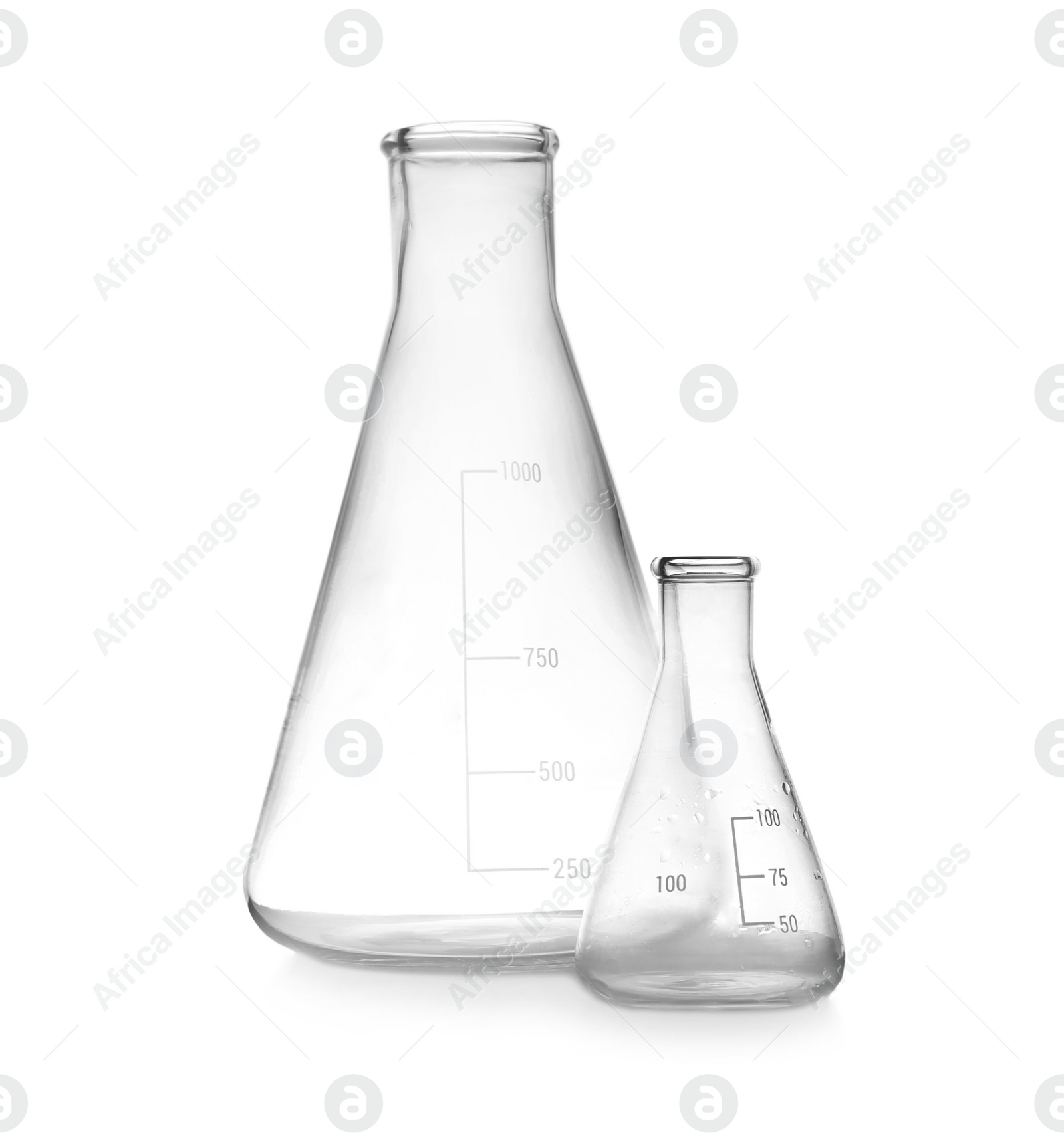 Photo of Empty conical flasks on white background. Laboratory glassware