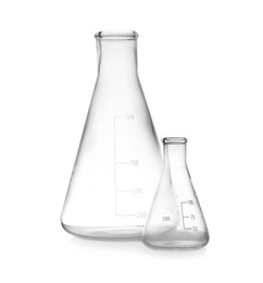 Empty conical flasks on white background. Laboratory glassware