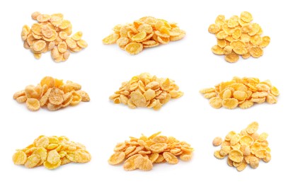Image of Piles of tasty corn flakes on white background, collage design