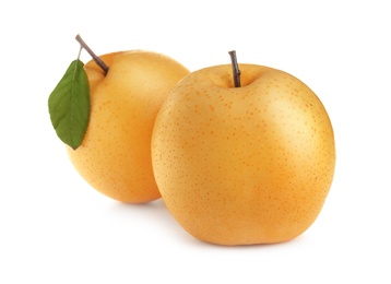Photo of Fresh ripe apple pears on white background