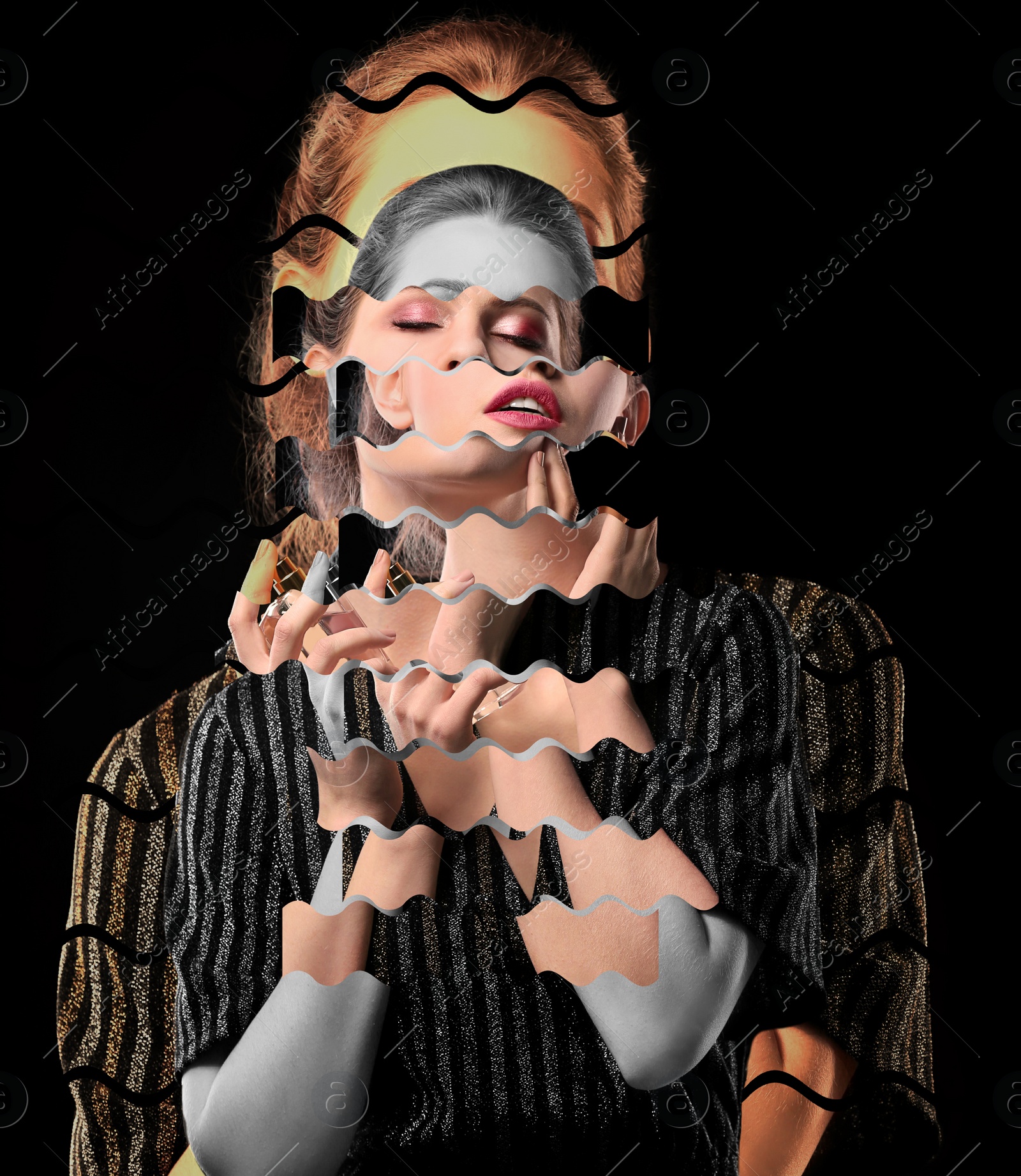 Image of Stylish creative artwork with portrait of beautiful woman made with face photo pieces on black background