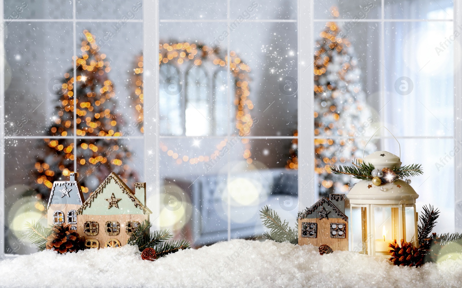 Image of Beautiful composition with Christmas lantern near window