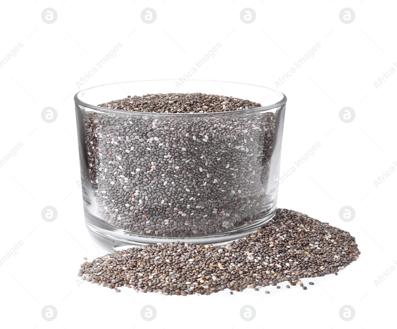 Photo of Glass bowl and chia seeds isolated on white