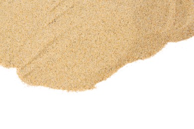 Pile of dry beach sand isolated on white, top view