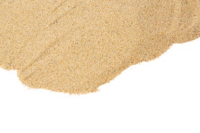 Photo of Pile of dry beach sand isolated on white, top view