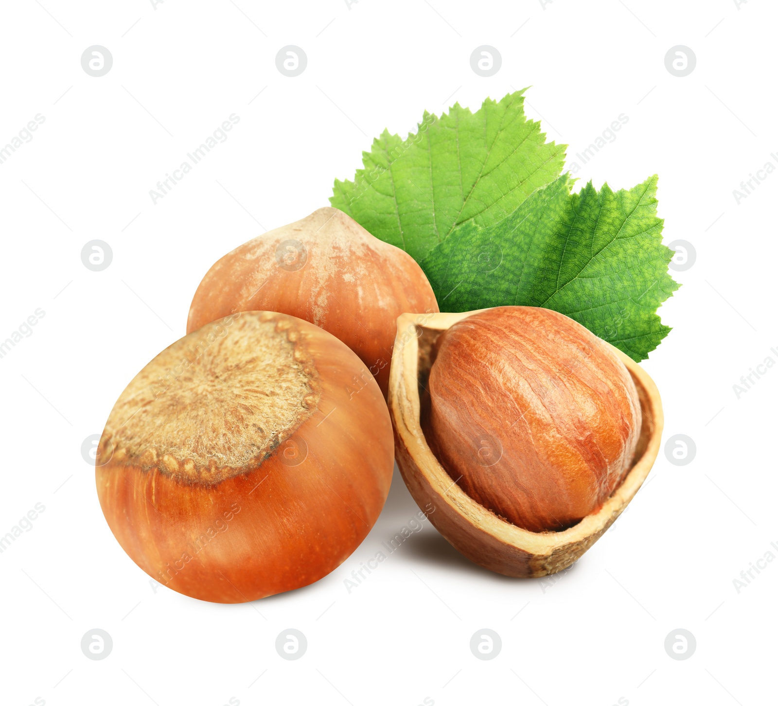 Image of Tasty hazelnuts and green leaves on white background