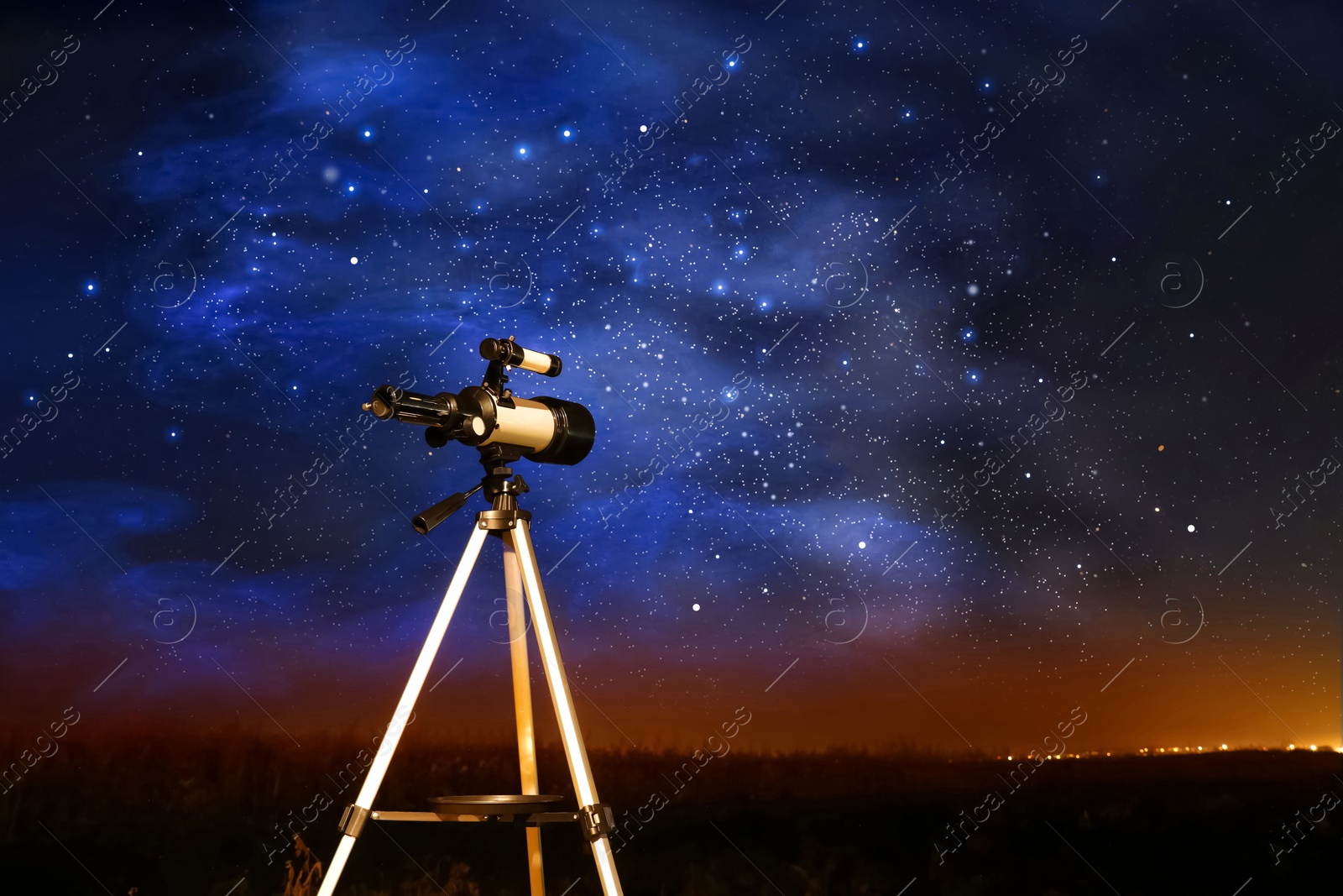 Photo of New astronomy telescope outdoors, space for text. Picturesque view of shiny stars at night