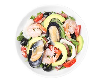 Photo of Bowl of delicious salad with seafood isolated on white, top view