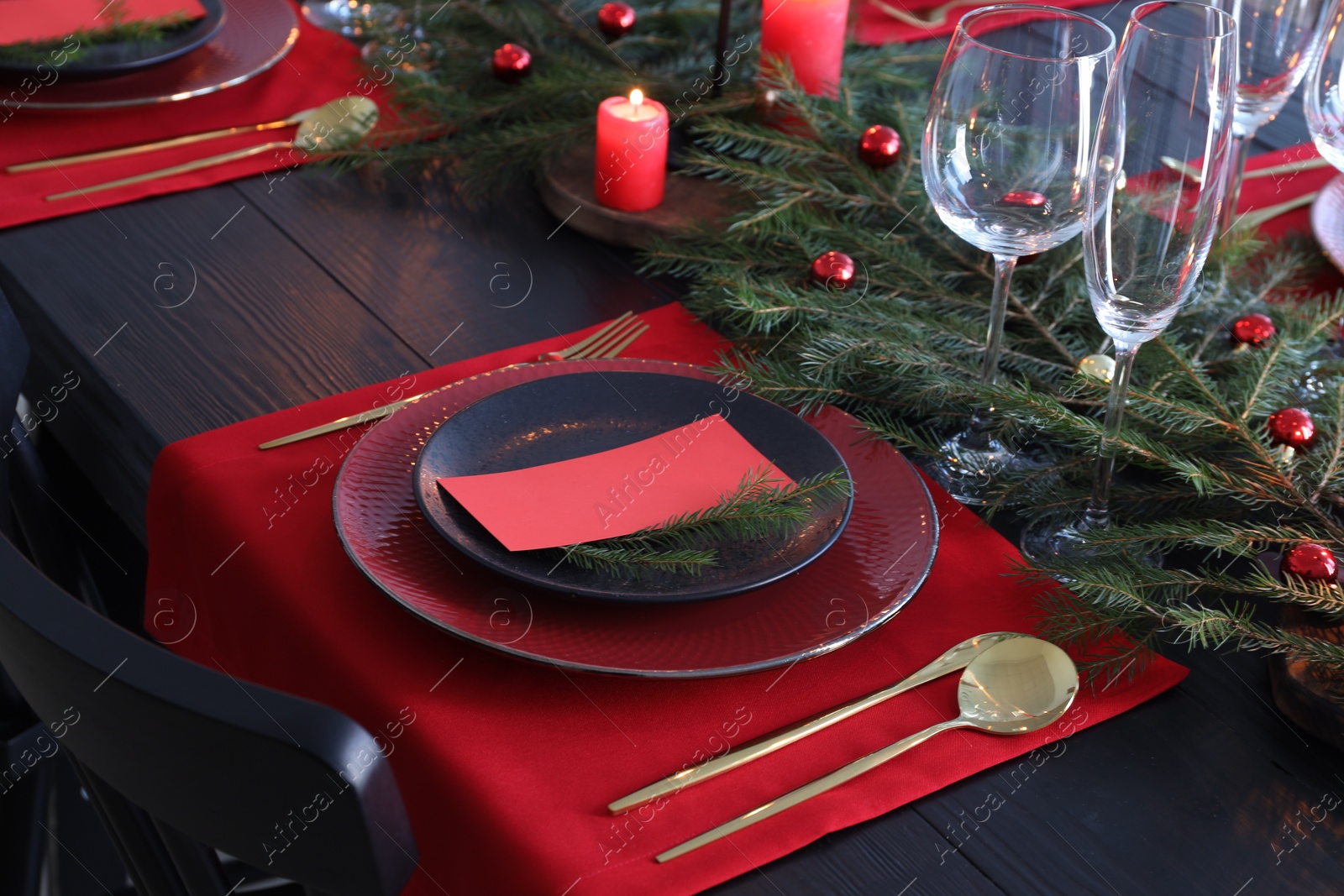 Photo of Elegant Christmas table setting with blank place cards and festive decor