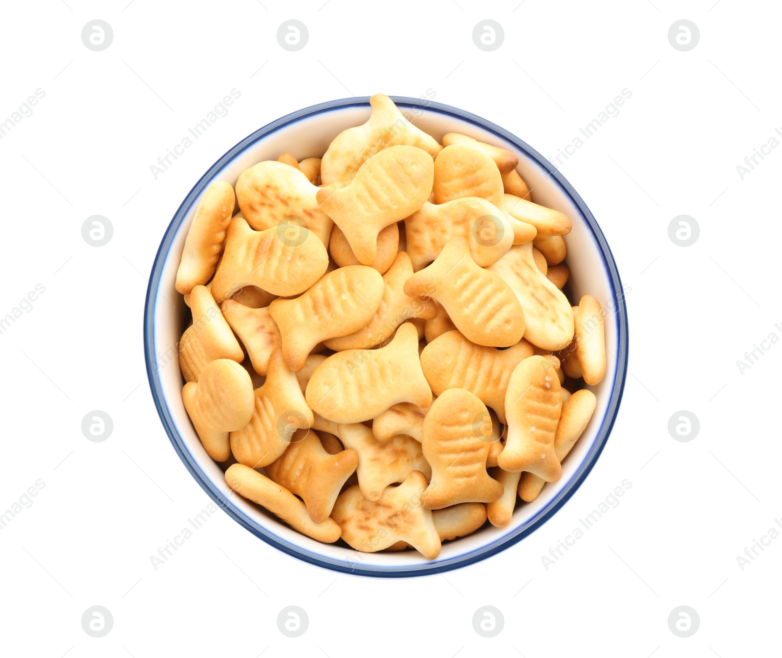 Photo of Delicious goldfish crackers in bowl isolated on white