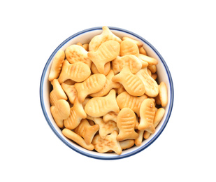 Delicious goldfish crackers in bowl isolated on white